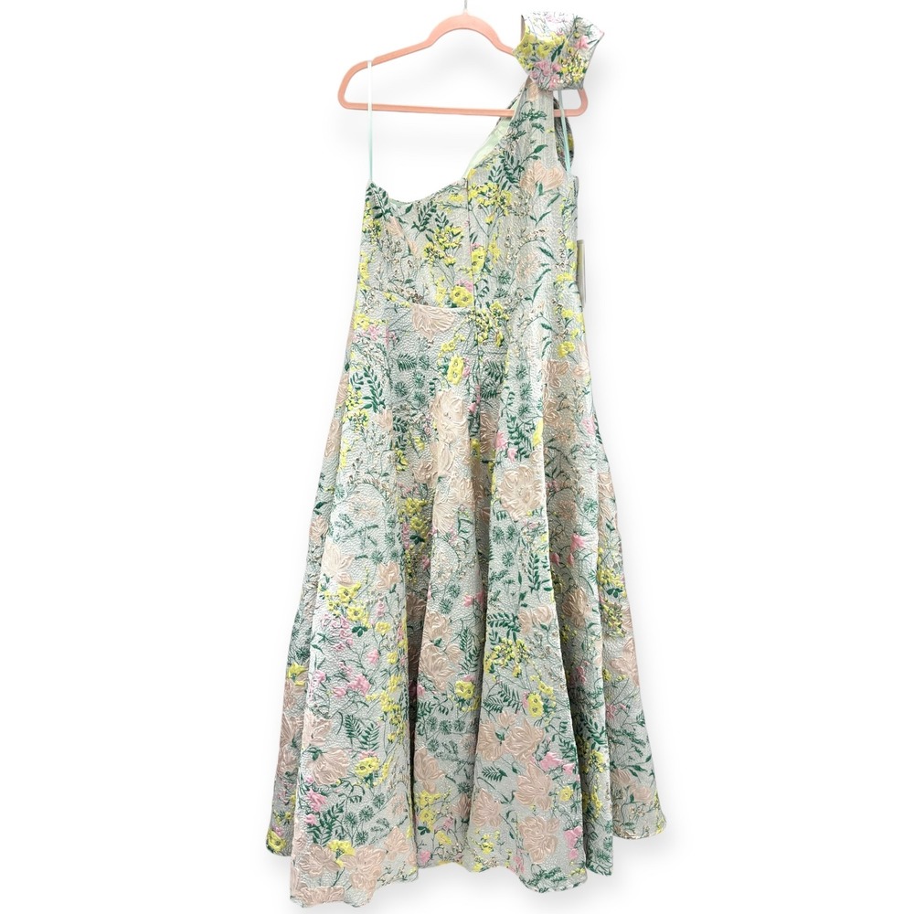Mac Duggal One-Shoulder Floral Gown in Pastel Green and Pink - Picture 12 of 16